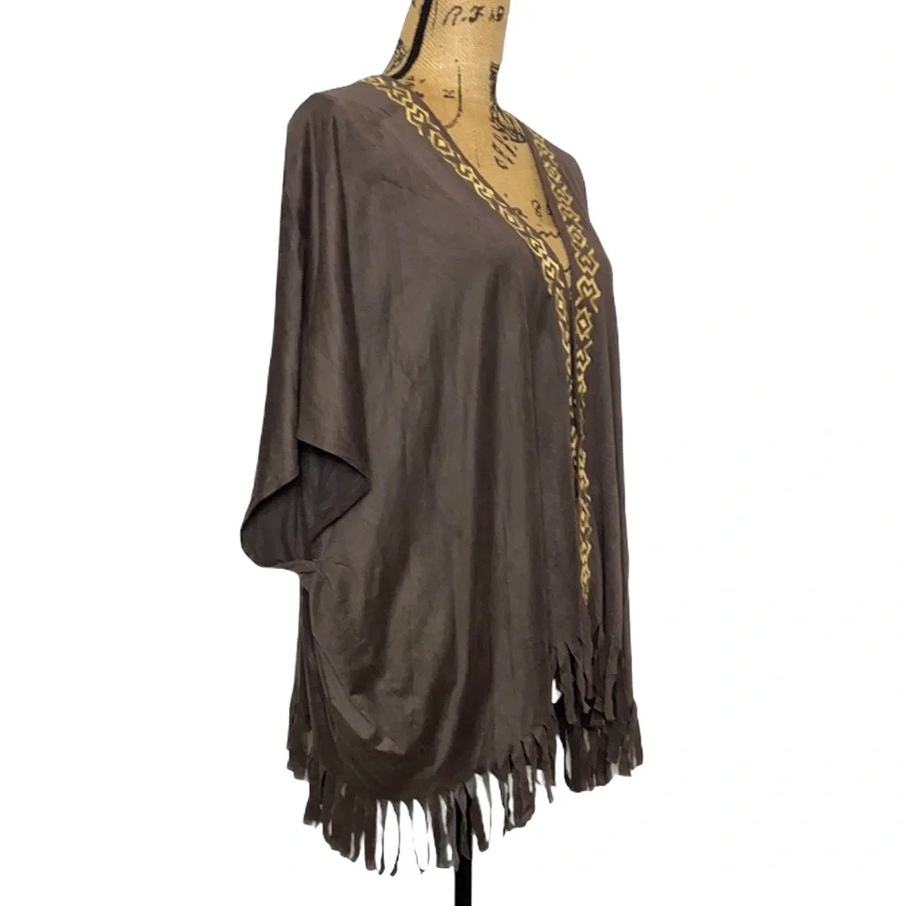 Brown Tassel Embroidery Open Front Boho Coverup M